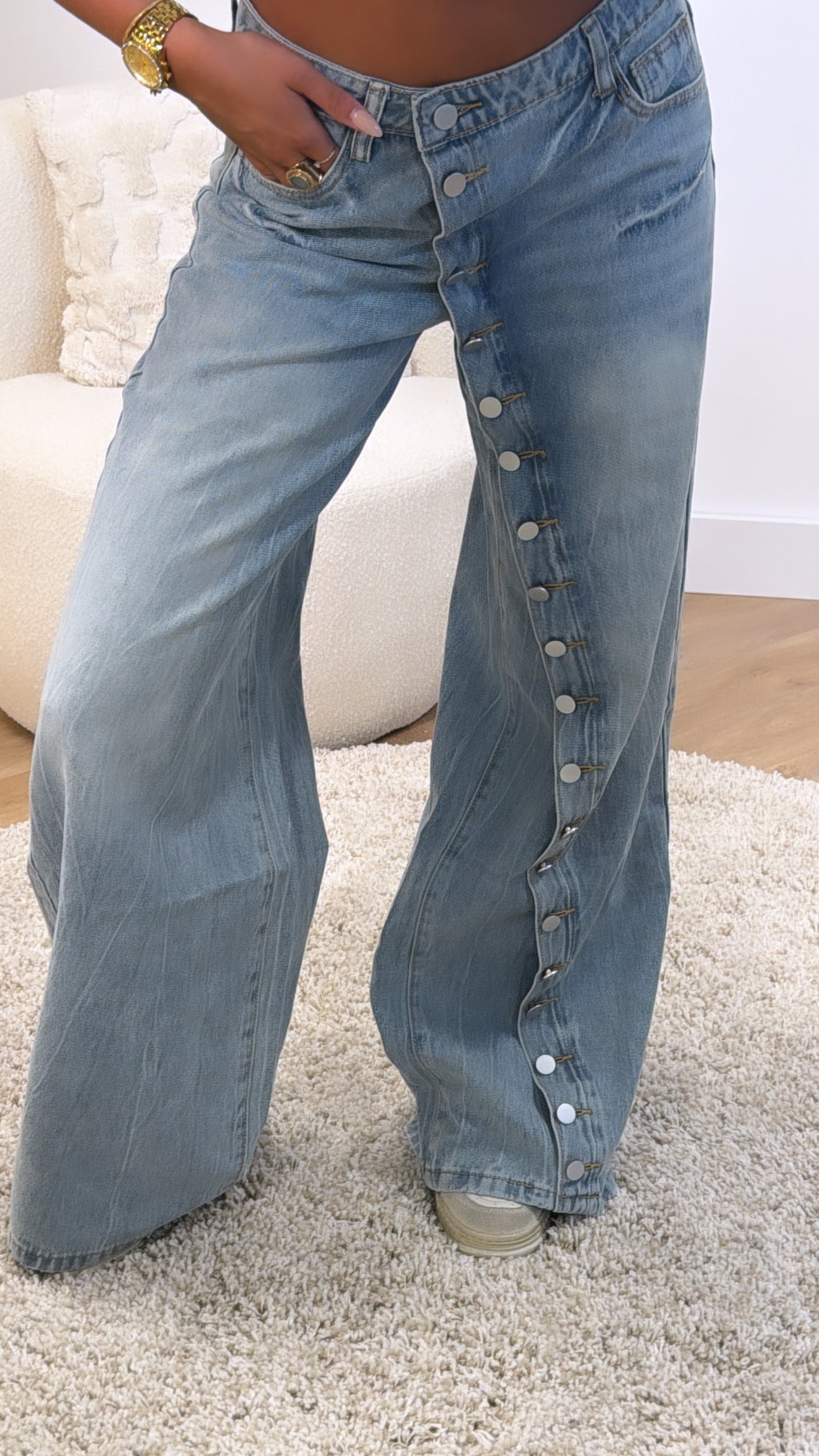 Button Detail Wide Leg Jeans