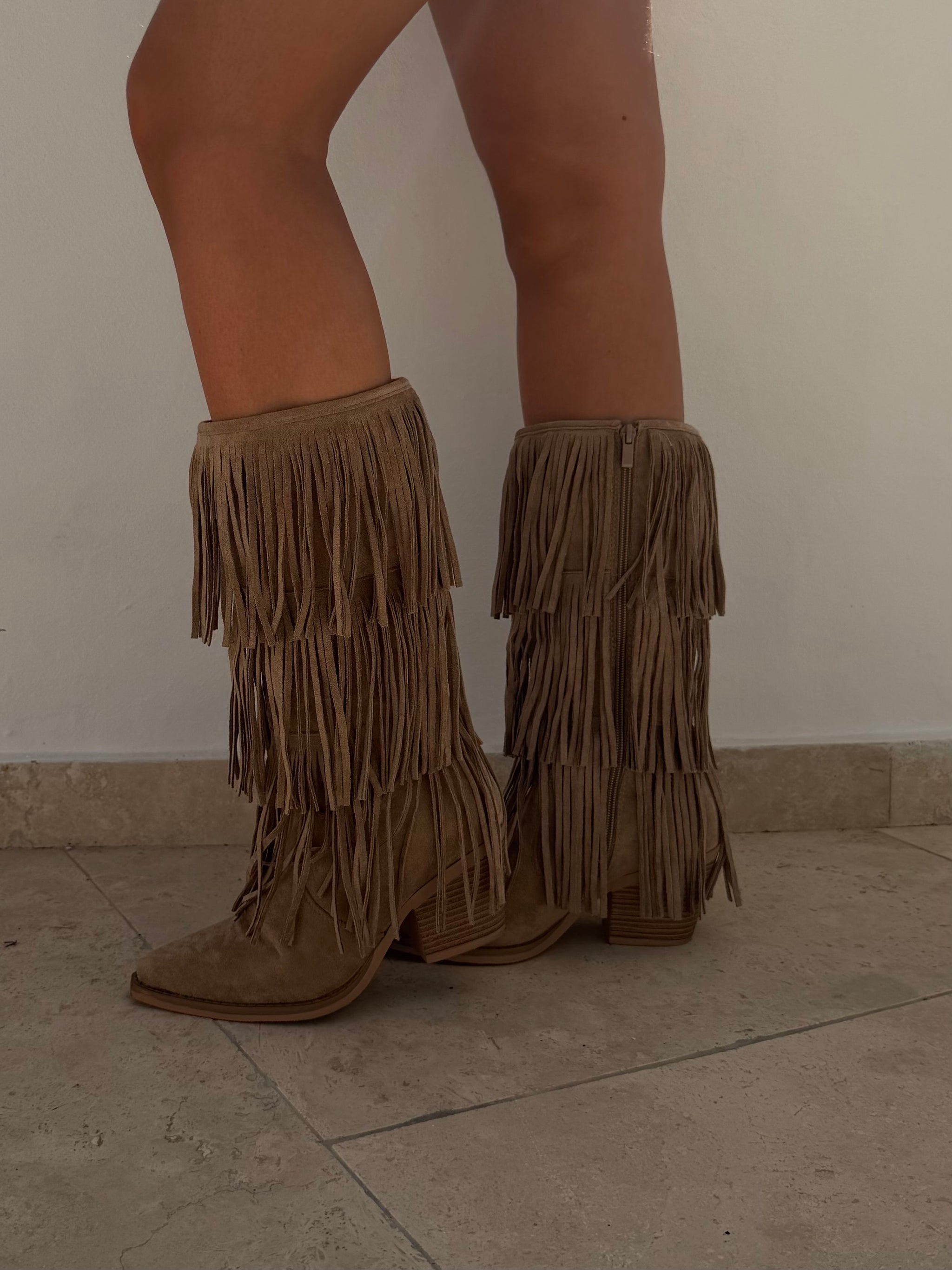 Boho Fringe Western Boots Taupe
