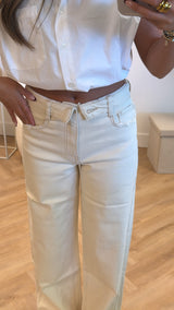 Lena Folded Waist Wide Leg Jeans – Beige