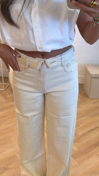 Lena Folded Waist Wide Leg Jeans – Beige