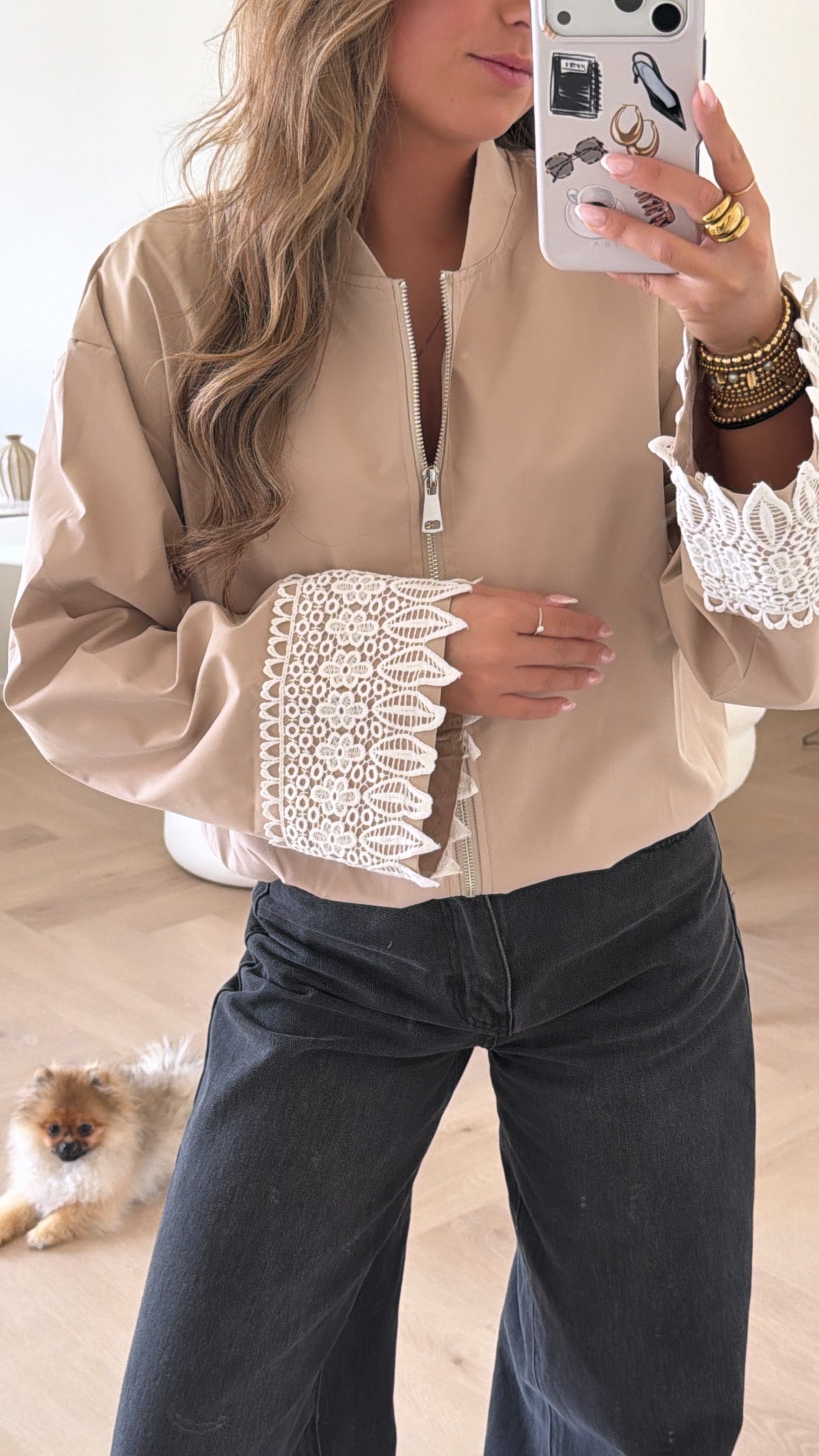 Beige Lace Cuff Bomber Jacket