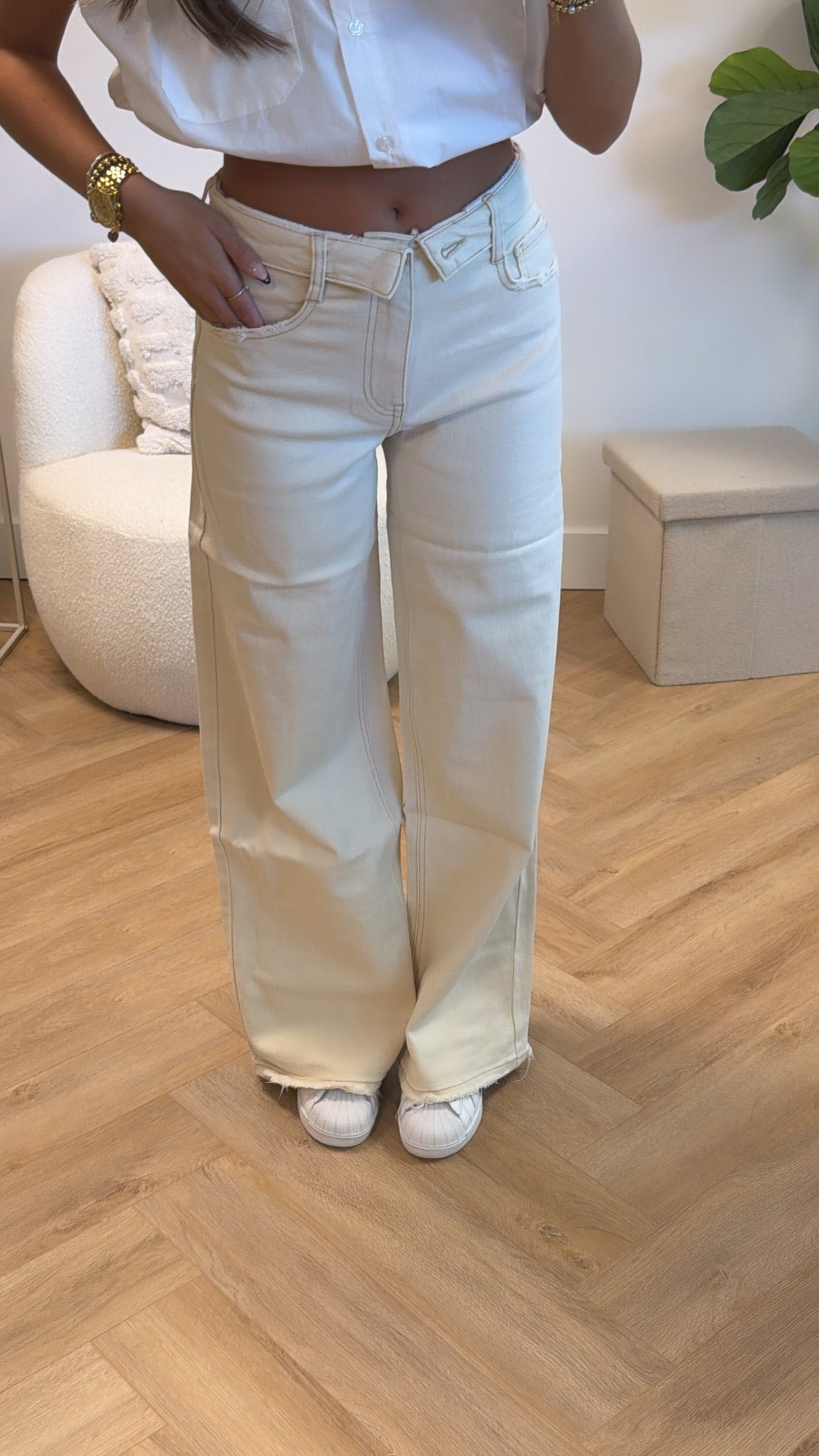 Lena Folded Waist Wide Leg Jeans – Beige