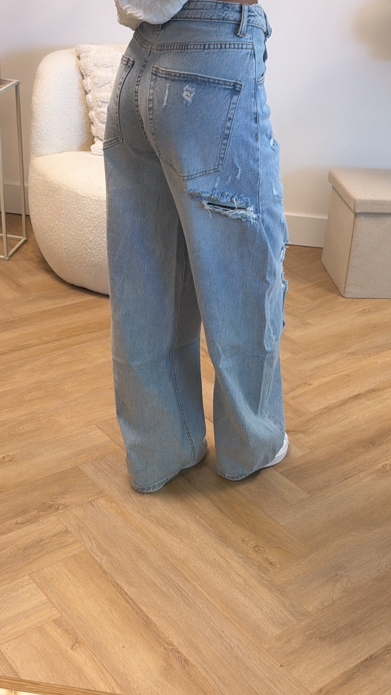 Riley Distressed Folded Waist Wide Leg Jeans – Light Blue