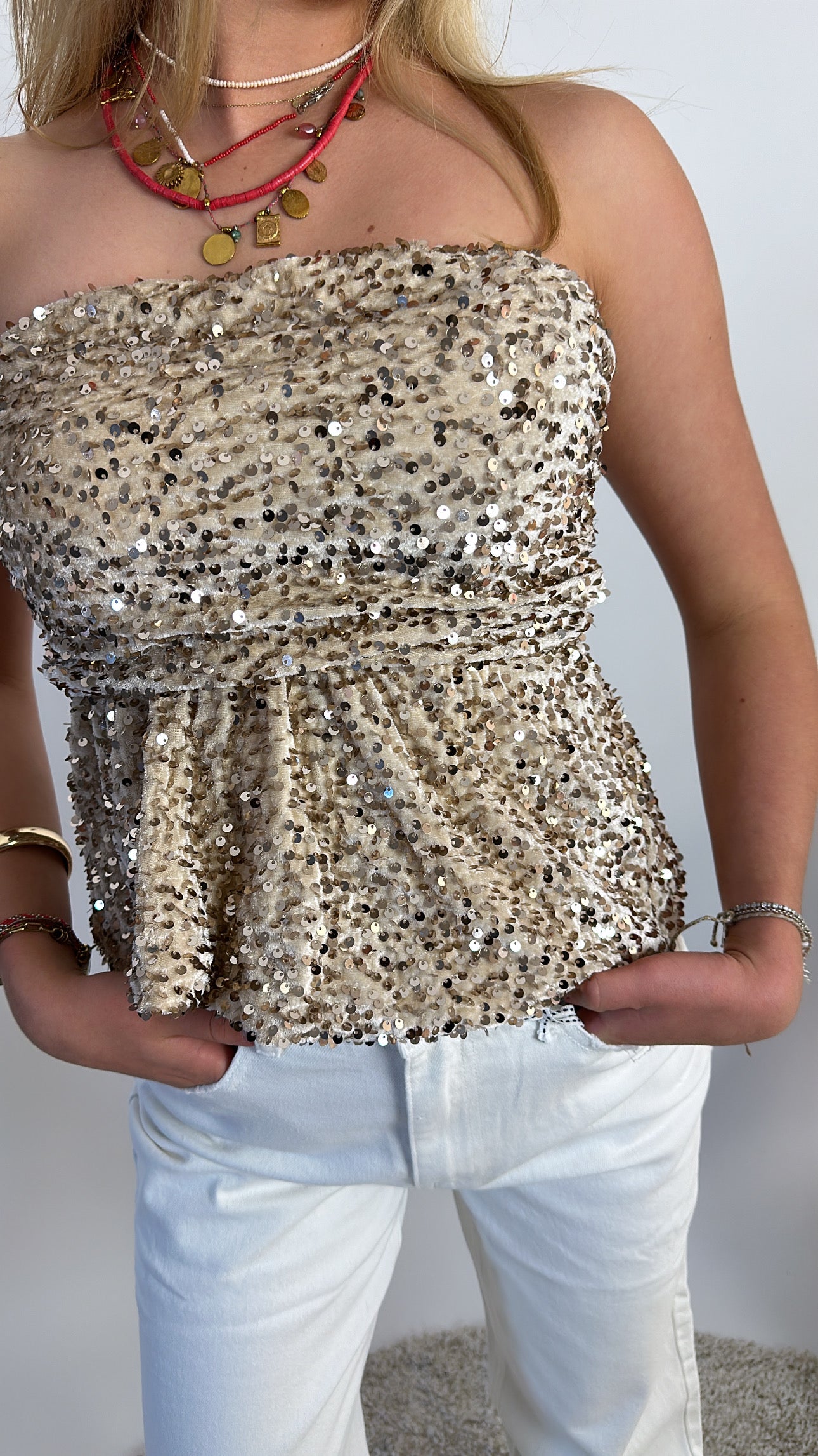 Nora peplum glitter top - beige