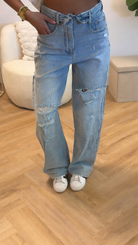 Riley Distressed Folded Waist Wide Leg Jeans – Light Blue