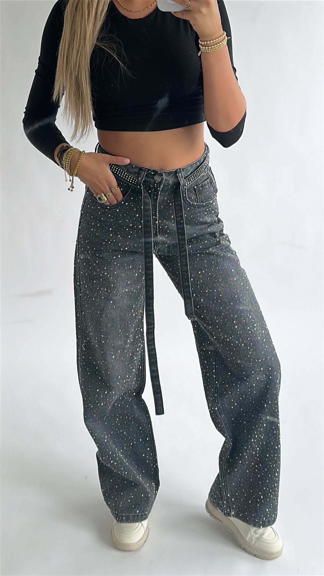 Nova Rhinestone Belted Jeans