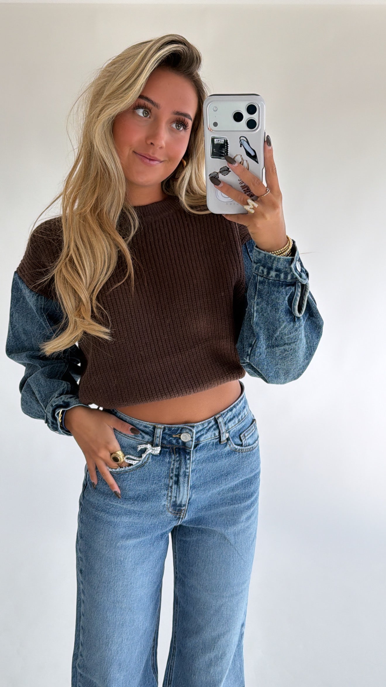 Denim Sleeve Knit Sweater