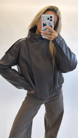 High neck leather bomber