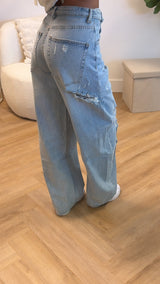 Riley Distressed Folded Waist Wide Leg Jeans – Light Blue