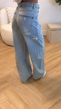 Riley Distressed Folded Waist Wide Leg Jeans – Light Blue