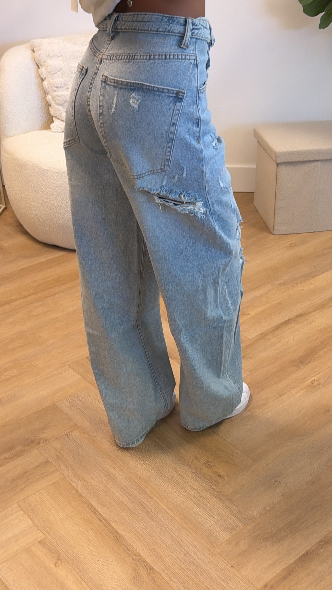 Riley Distressed Folded Waist Wide Leg Jeans – Light Blue