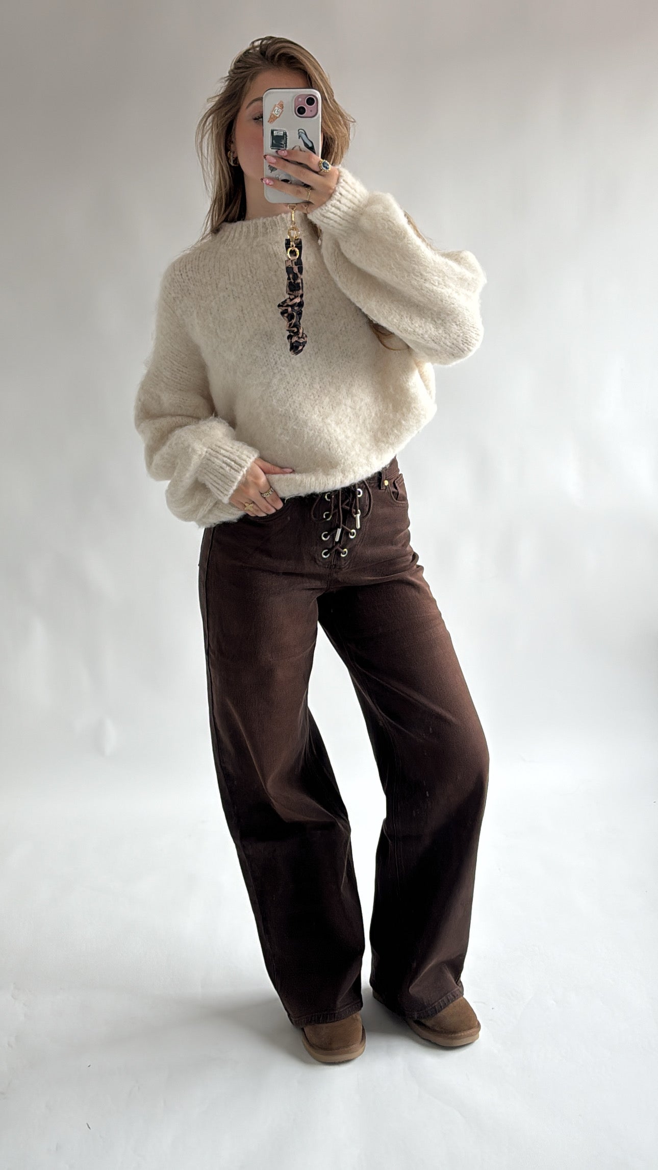 Fenna Wide leg Jeans – Brown Lace-Up Stretch