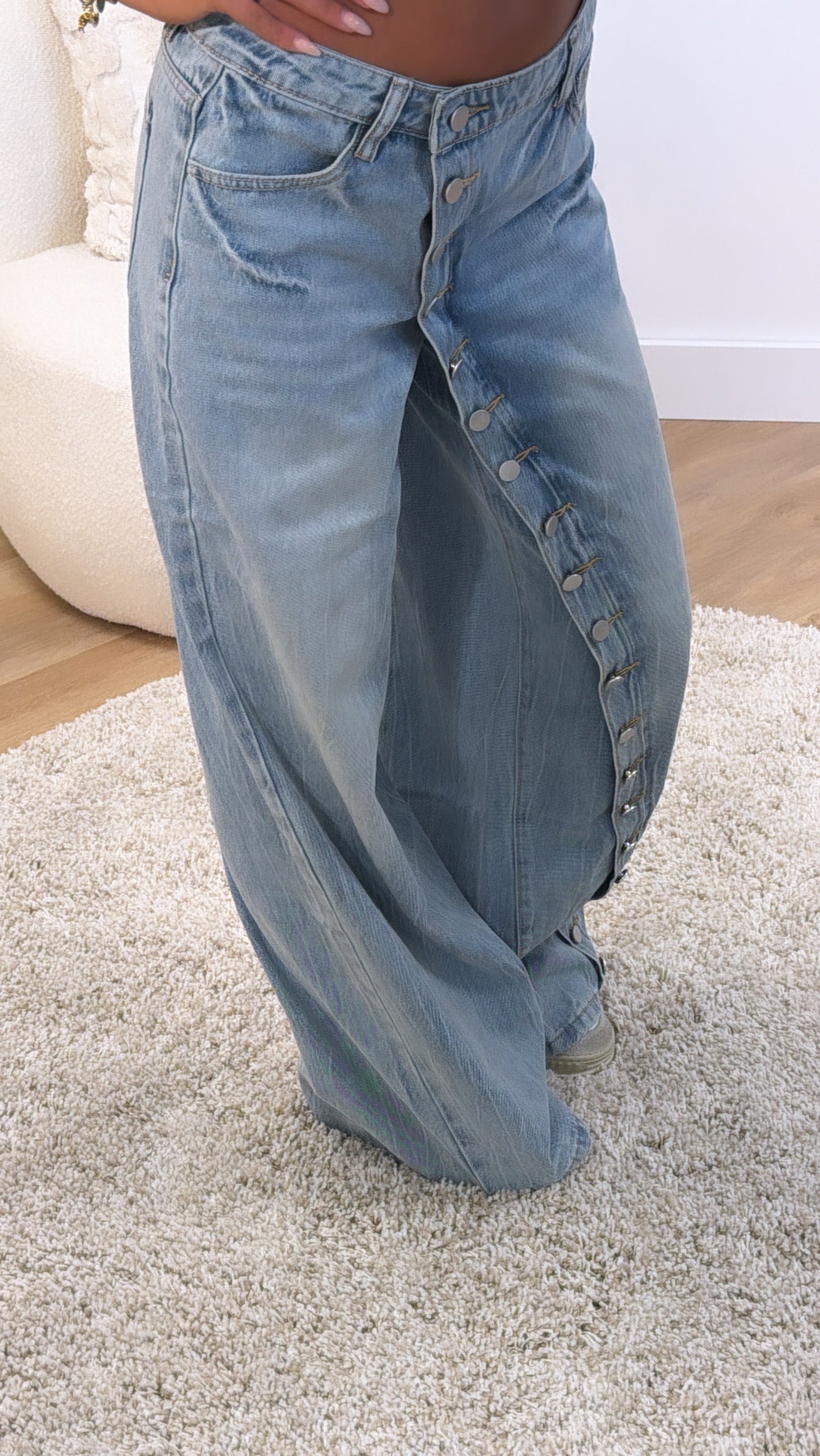 Button Detail Wide Leg Jeans