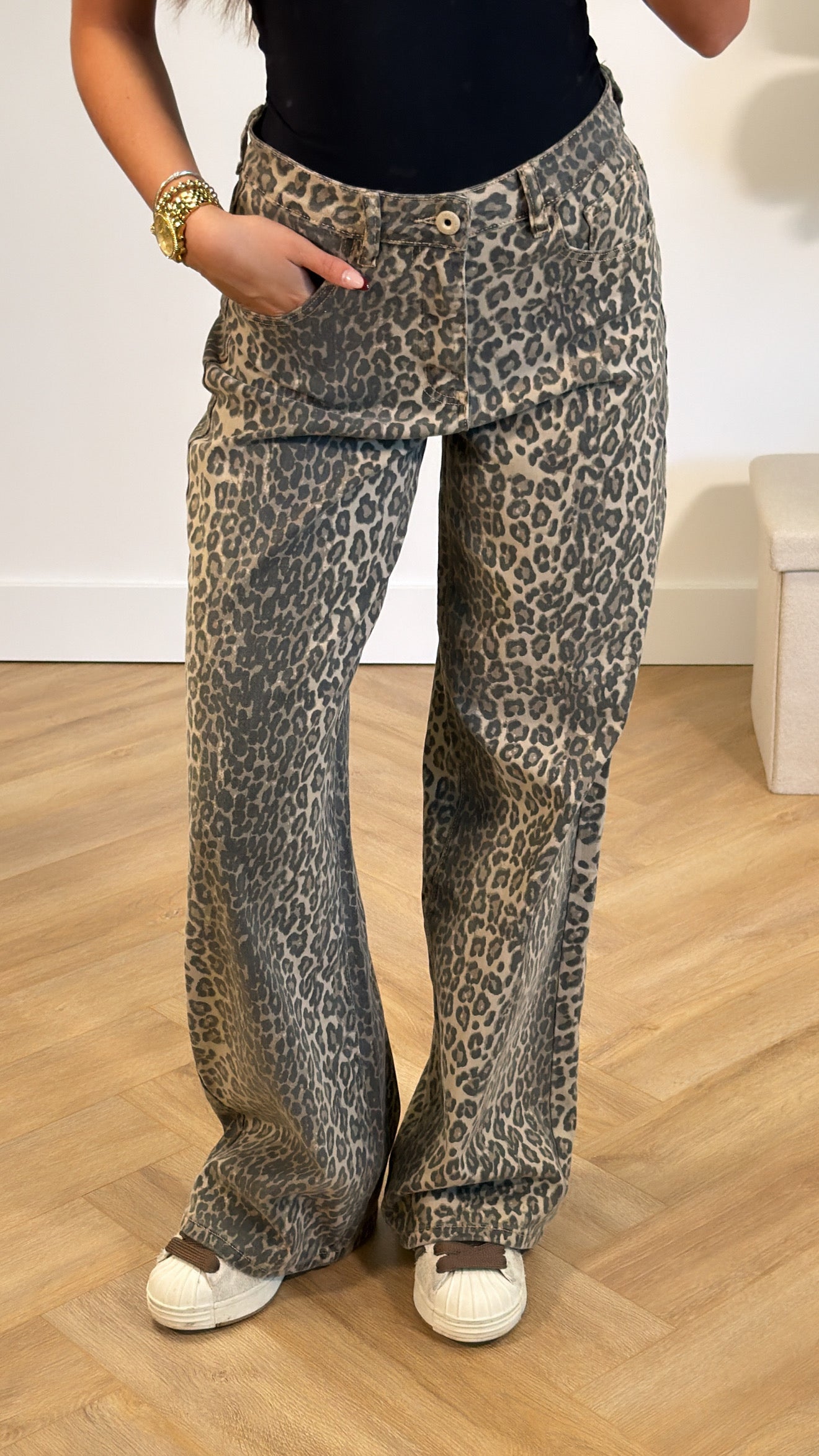 Leopard Stretch Wide Leg Jeans