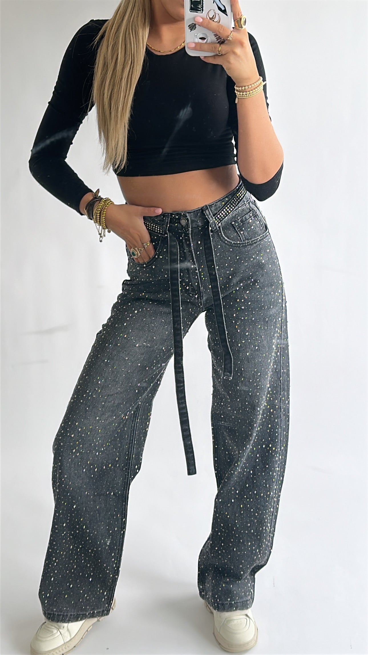 Nova Rhinestone Belted Jeans