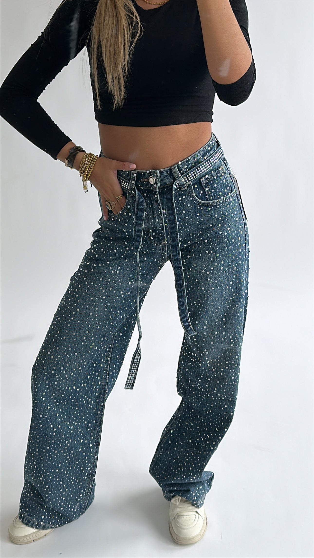 Nova Rhinestone Belted Jeans