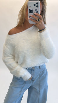 Fluffy one shoulder knit