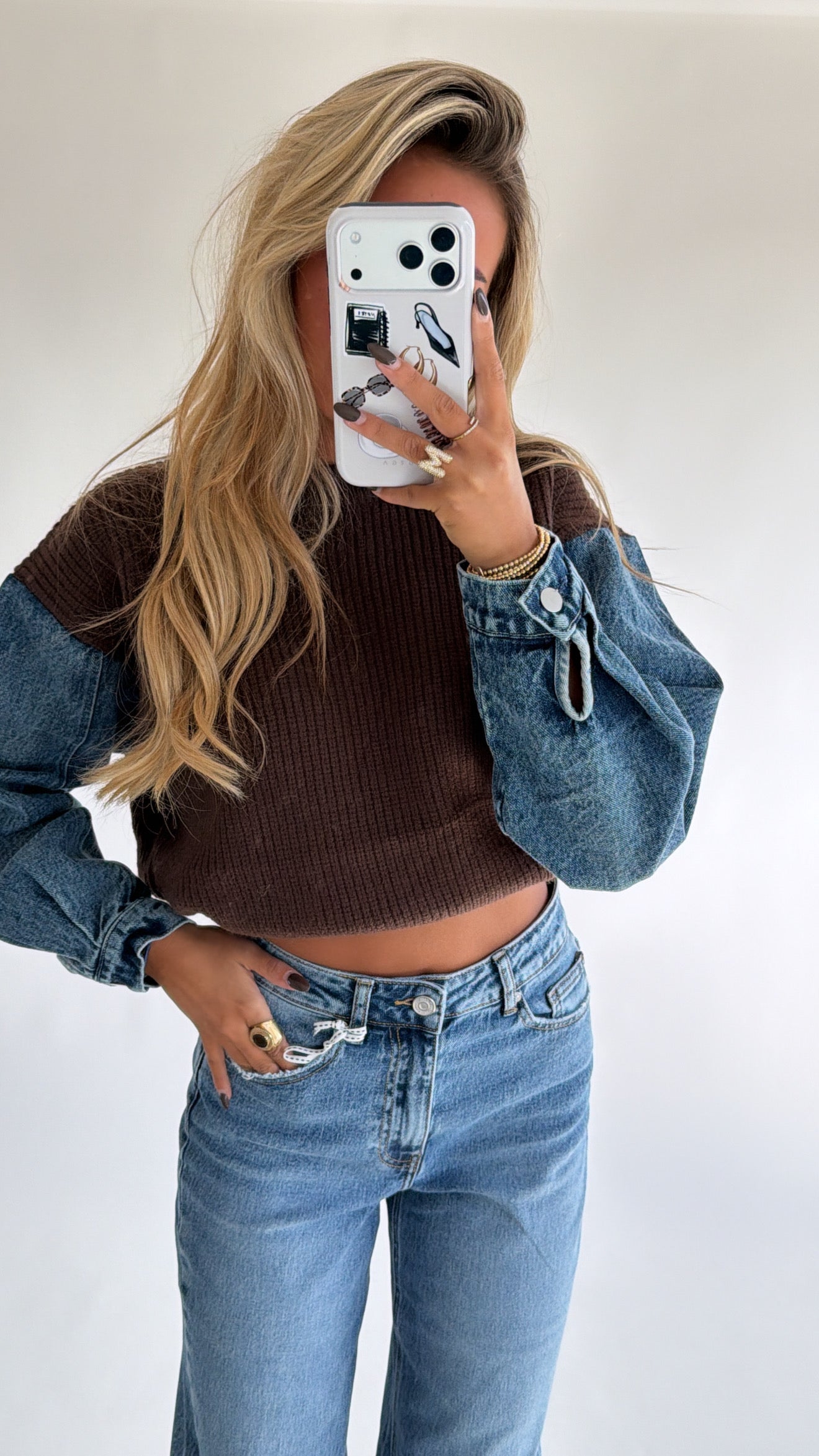 Denim Sleeve Knit Sweater