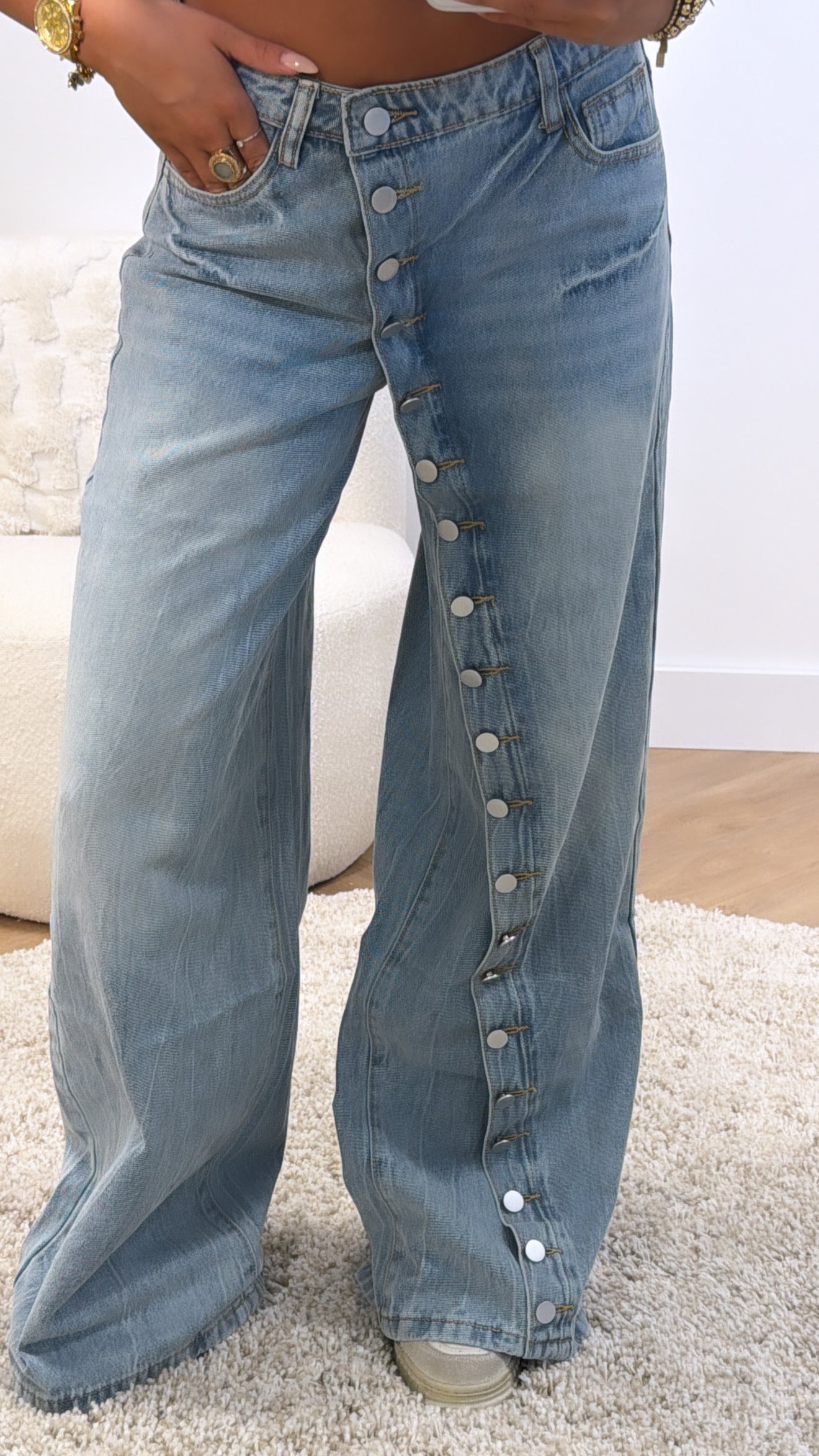 Button Detail Wide Leg Jeans