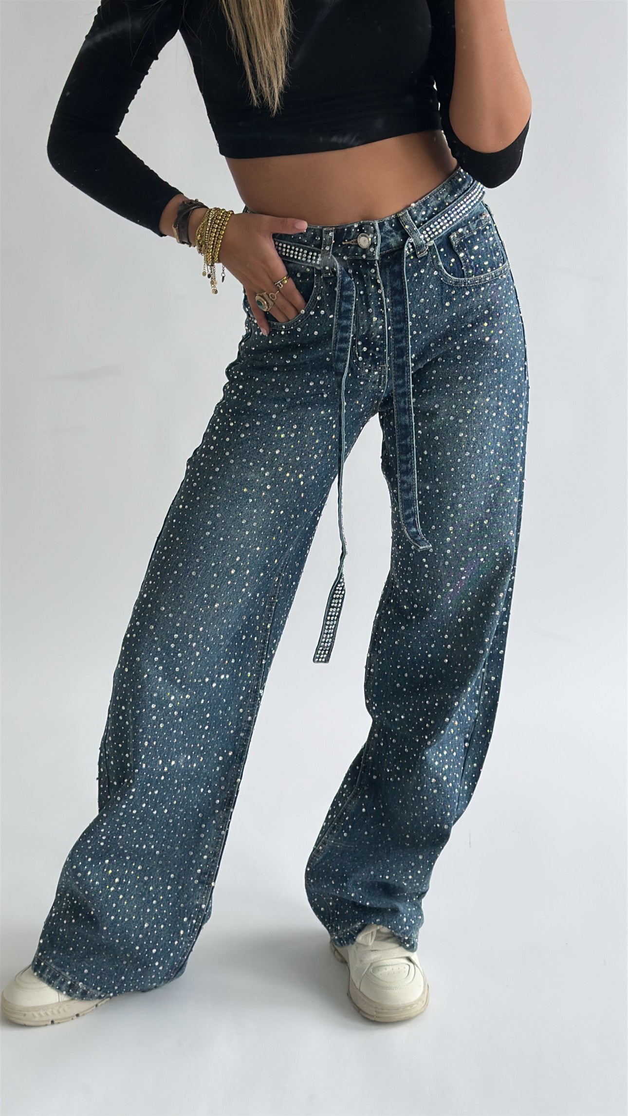 Nova Rhinestone Belted Jeans