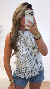 Polka Dot Ruffle Open Back Top