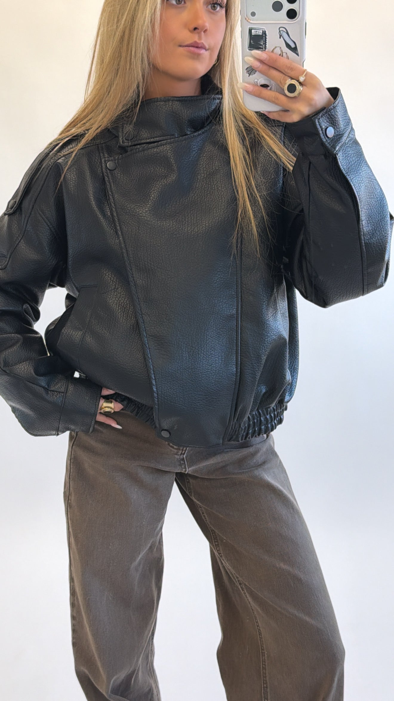 High neck leather bomber
