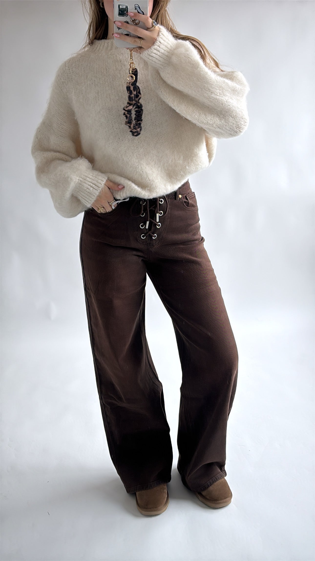 Fenna Wide leg Jeans – Brown Lace-Up Stretch