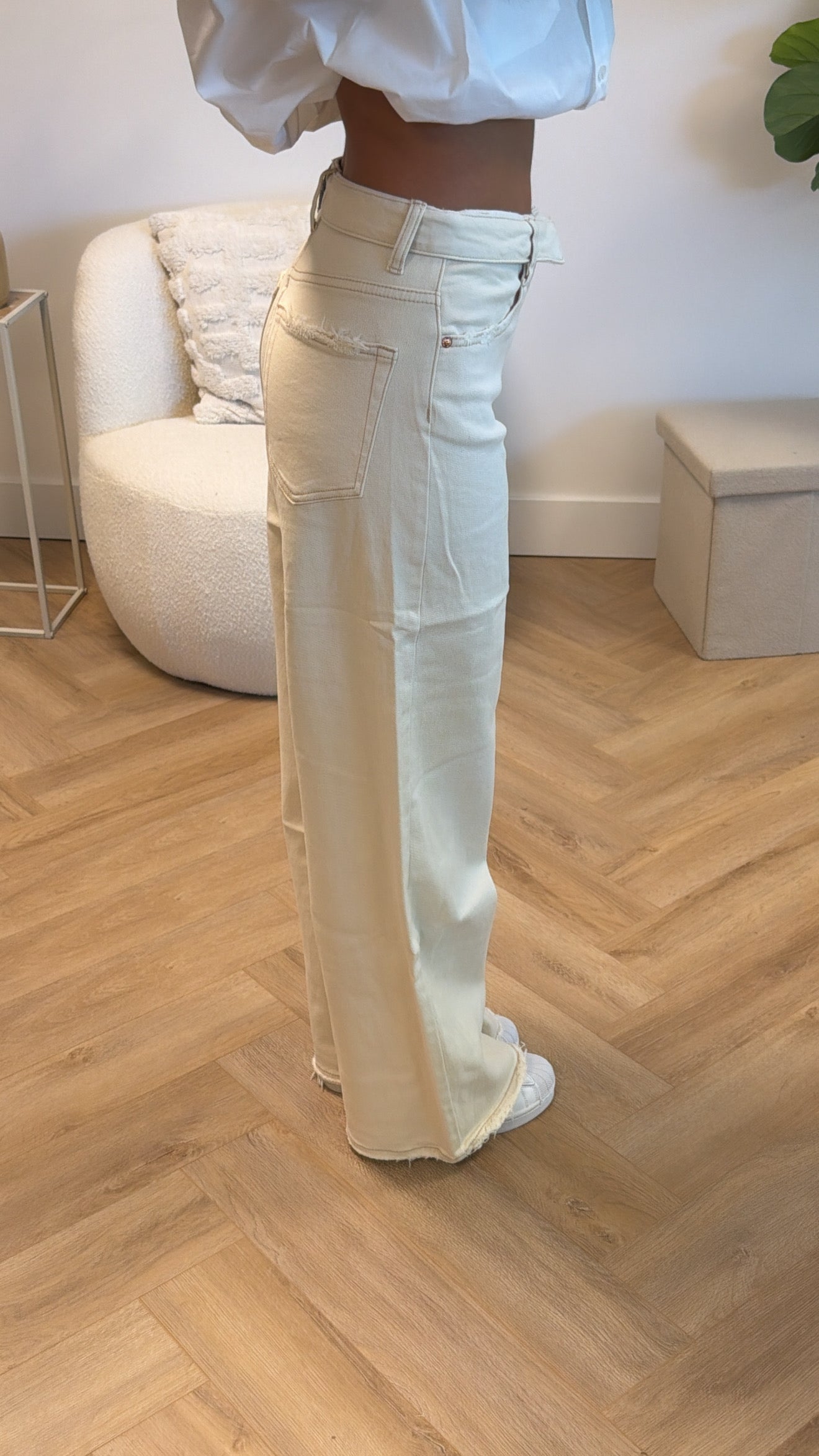 Lena Folded Waist Wide Leg Jeans – Beige